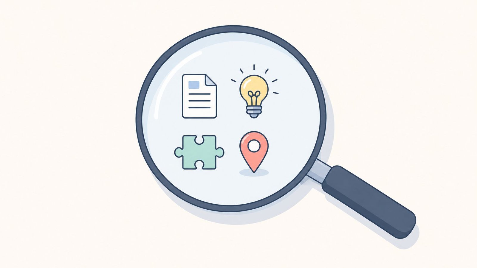 Una lupa enfocada en iconos digitales que representan documentos, ideas, resolución de problemas y ubicaciones geográficas.