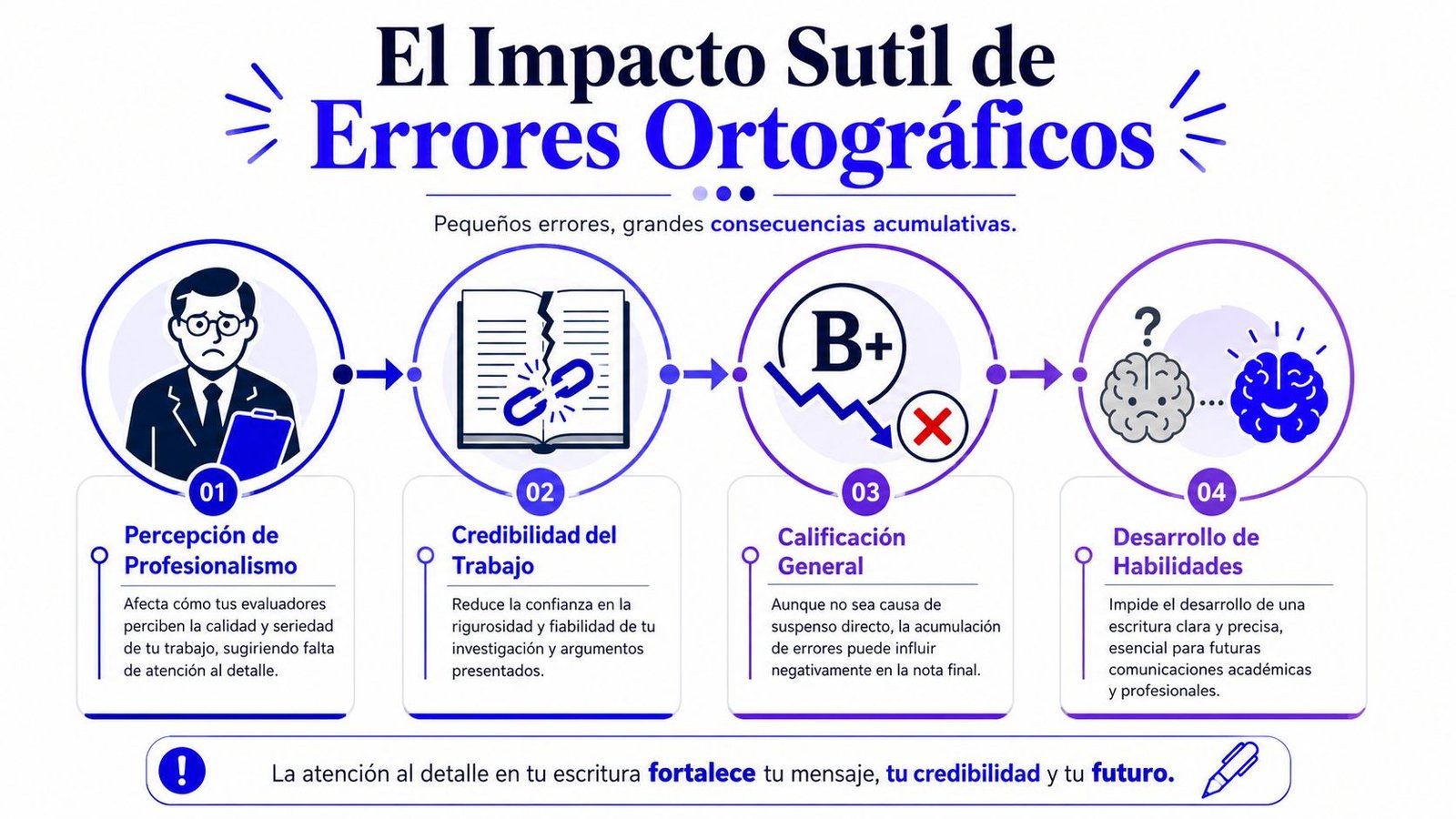 Infografía sobre cómo los errores ortográficos afectan negativamente la percepción profesional, la credibilidad y el desarrollo académico.