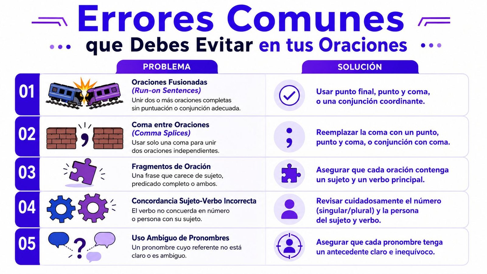 Una infografía educativa sobre cinco errores gramaticales comunes al escribir oraciones y cómo corregirlos adecuadamente en español.
