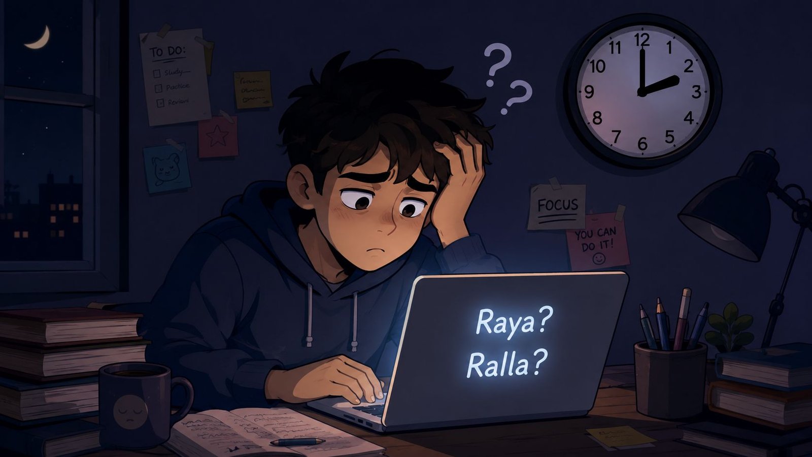 Estudiante joven confundido frente a su computadora tratando de decidir entre las palabras Raya o Ralla.