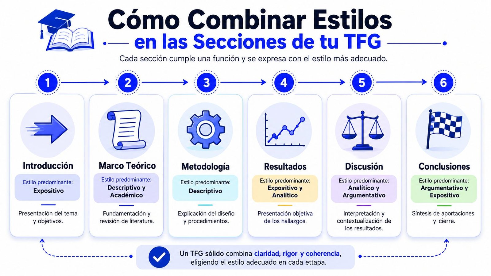 Infografía sobre cómo combinar los estilos de escritura adecuados en las distintas secciones de un TFG académico.