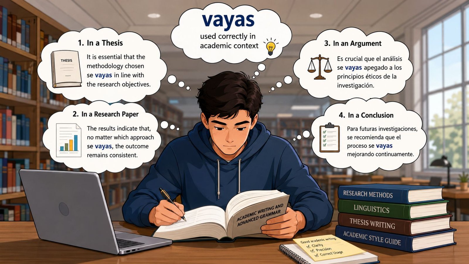 Estudiante consultando ejemplos sobre el uso correcto del verbo vayas en textos académicos en una biblioteca.
