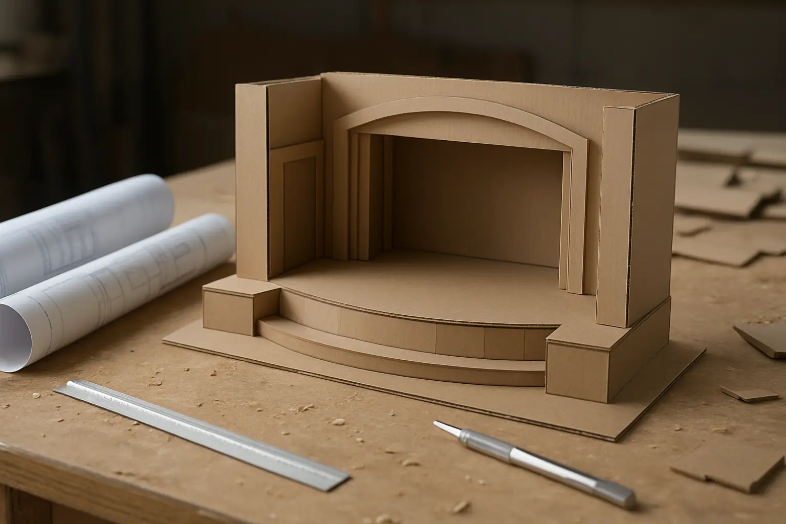 Maqueta escenográfica a escala junto a planos técnicos sobre una mesa de trabajo