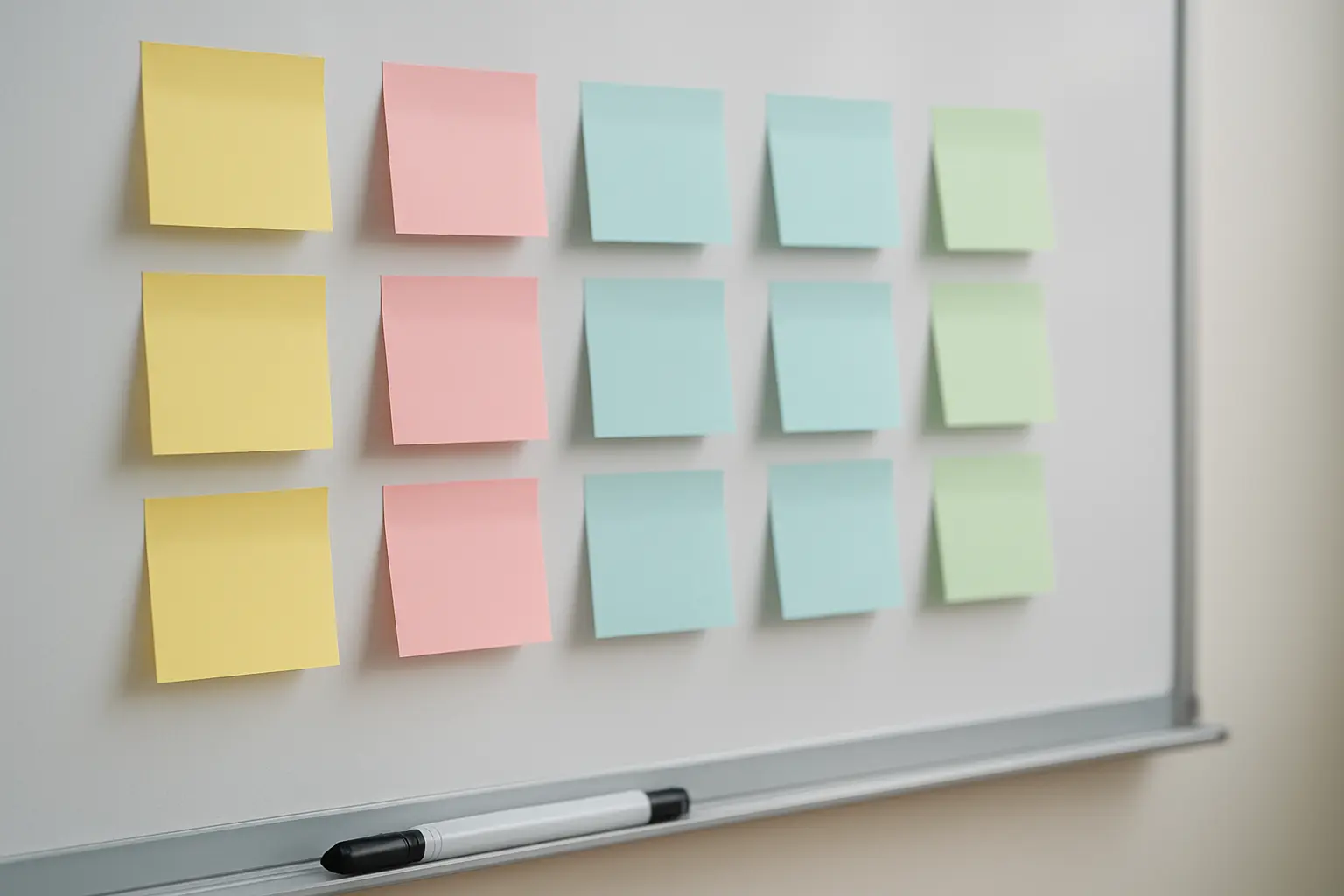 Panel de planificación con notas adhesivas de colores organizadas por fases de un proyecto