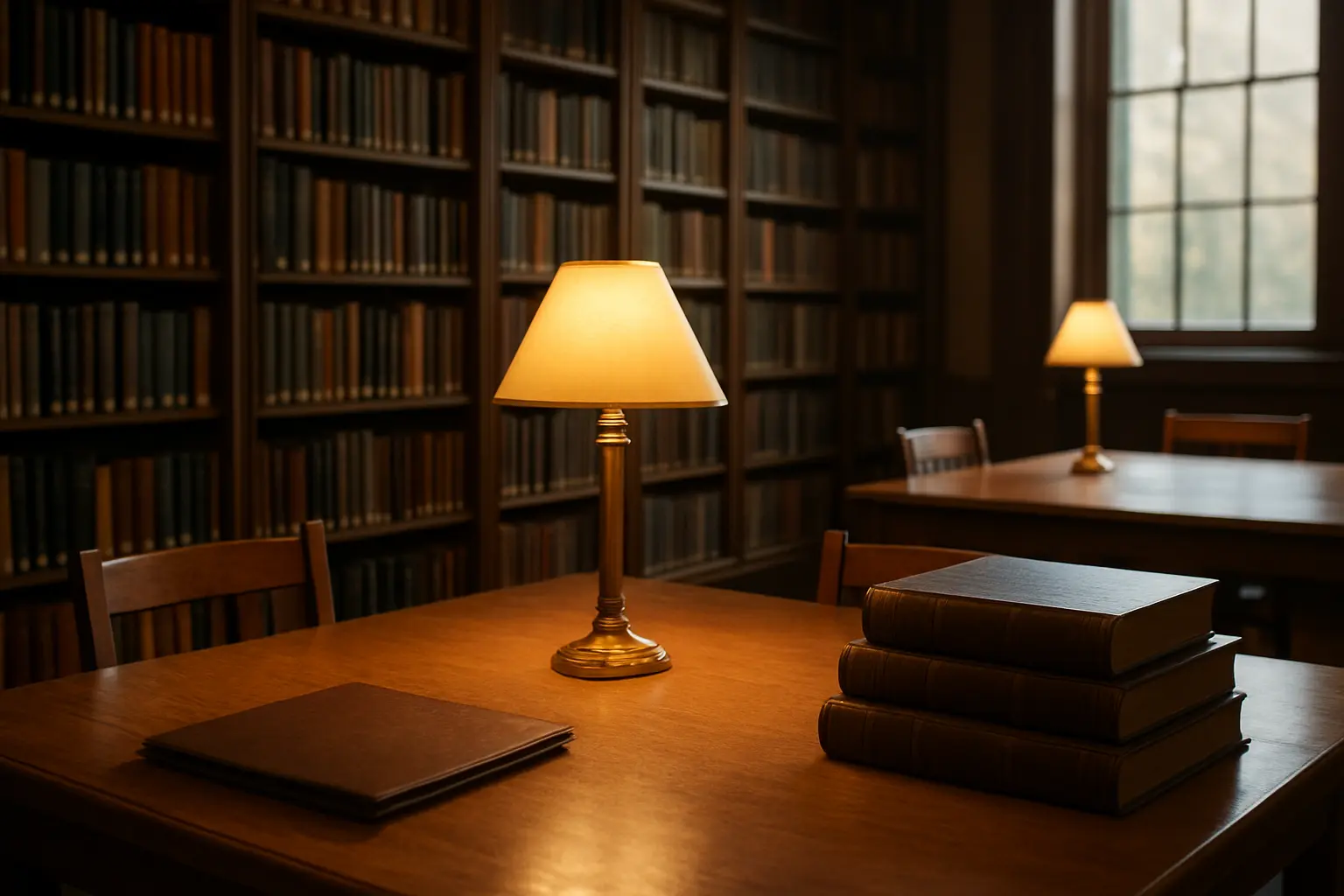 Biblioteca universitaria con documentos de convenio sobre una mesa de estudio
