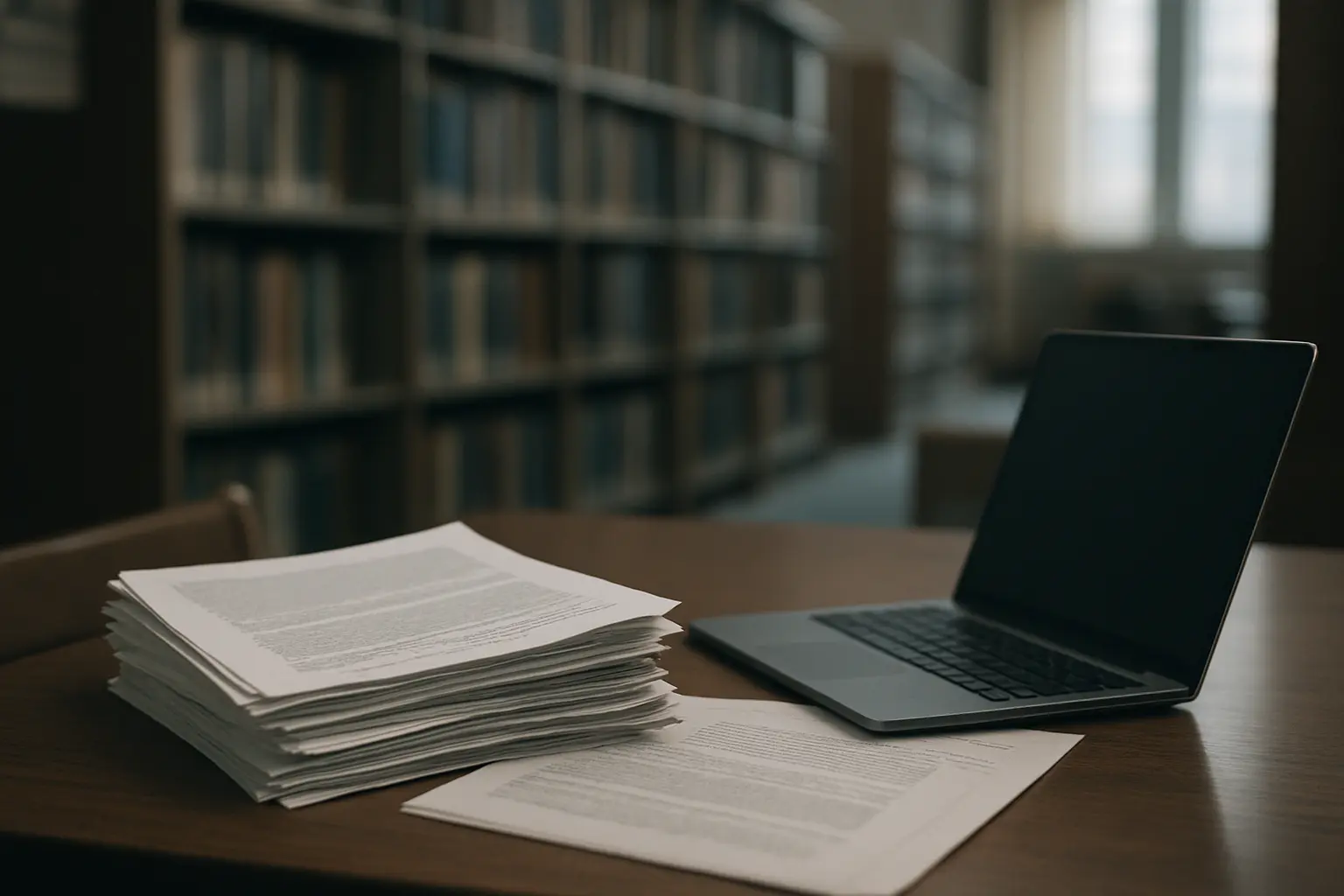 Mesa de biblioteca universitaria con artículos científicos impresos y anotaciones para un TFM investigador