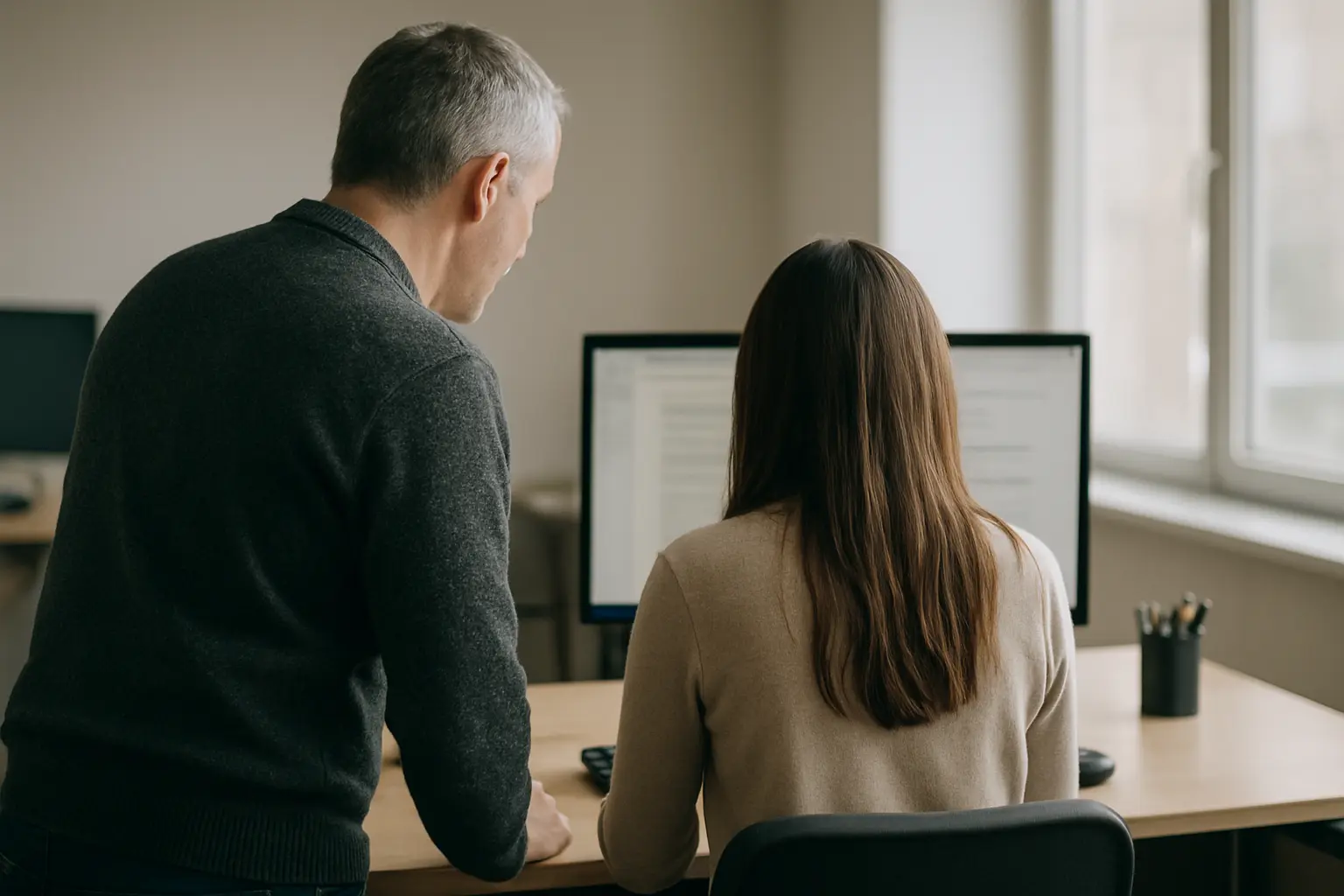 Profesional supervisando el trabajo de un estudiante en prácticas en un puesto de trabajo