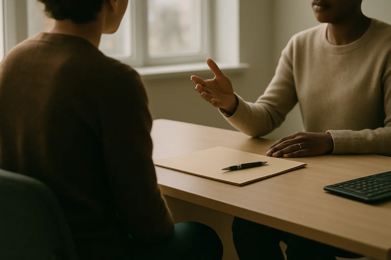 Estudiante conversando con su tutora al inicio de la estancia de prácticas en un despacho