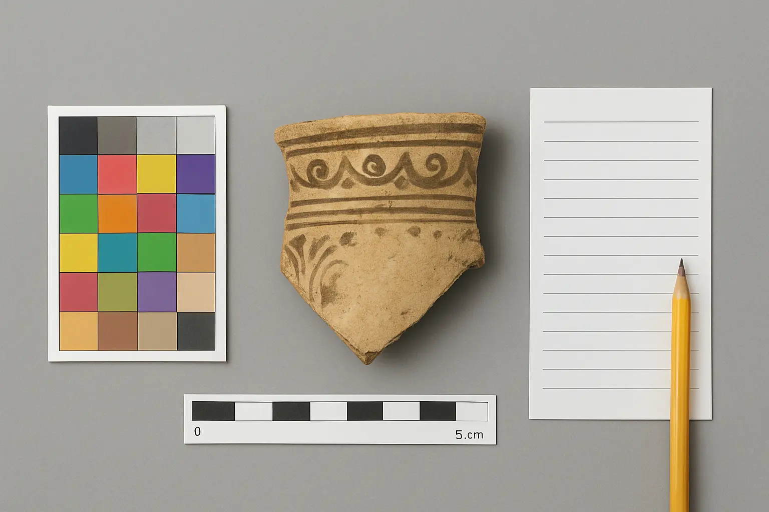 Documentación fotográfica sistemática de una pieza con escala colorimétrica y ficha de registro