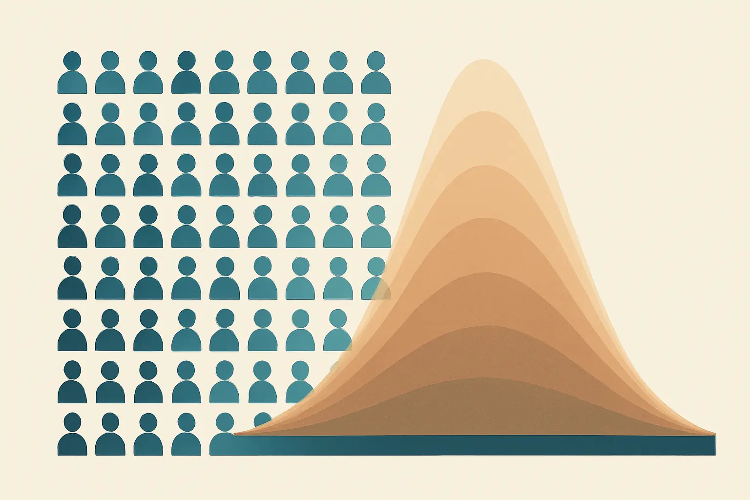 Ilustración conceptual de una muestra internacional de estudiantes y diez distribuciones superpuestas que representan los valores plausibles de PISA