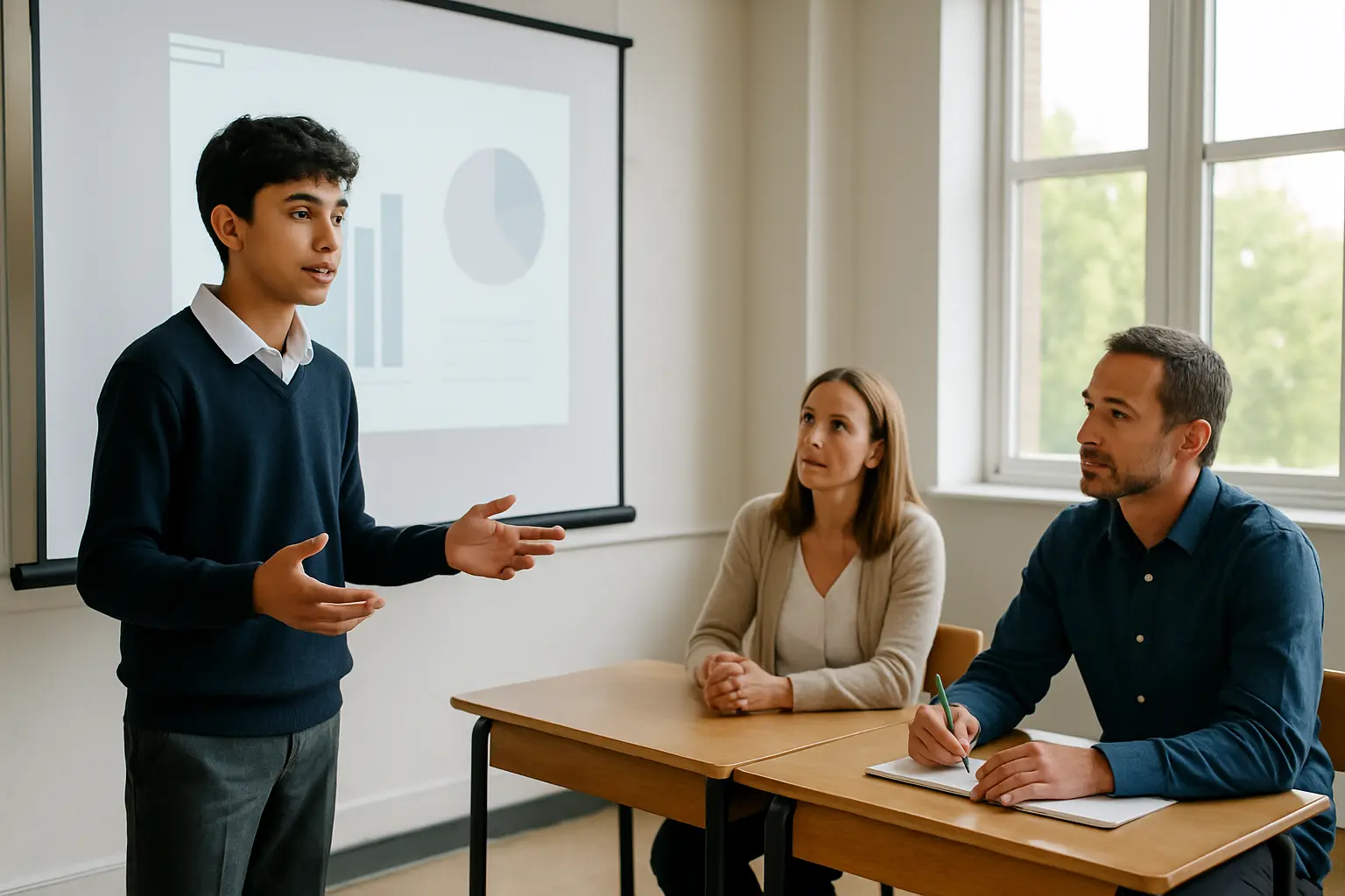 Alumna de batxillerat exponiendo oralmente su Treball de Recerca ante profesorado en un aula
