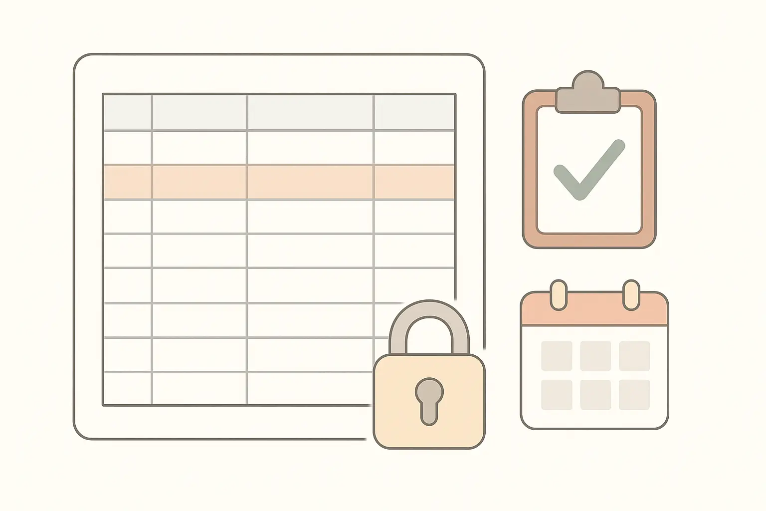 Tabla de datos descargada junto a una lista de comprobación, un candado y un calendario que representan la documentación de la fuente