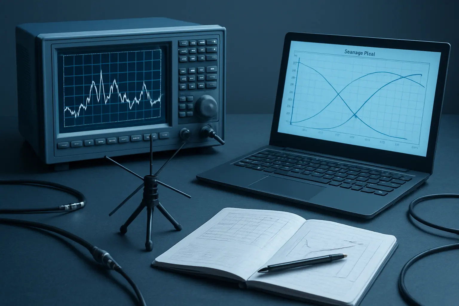 Equipo de medida de radiofrecuencia junto a la pantalla con los resultados de simulación