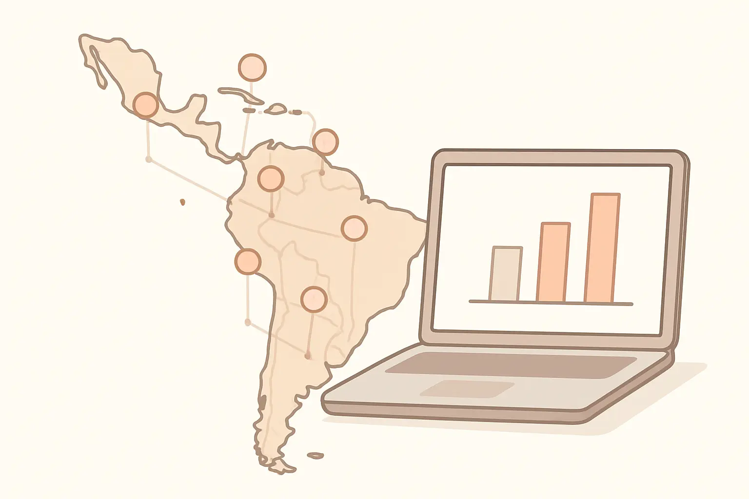 Mapa de América Latina con puntos de encuesta conectados a una laptop con un gráfico de barras