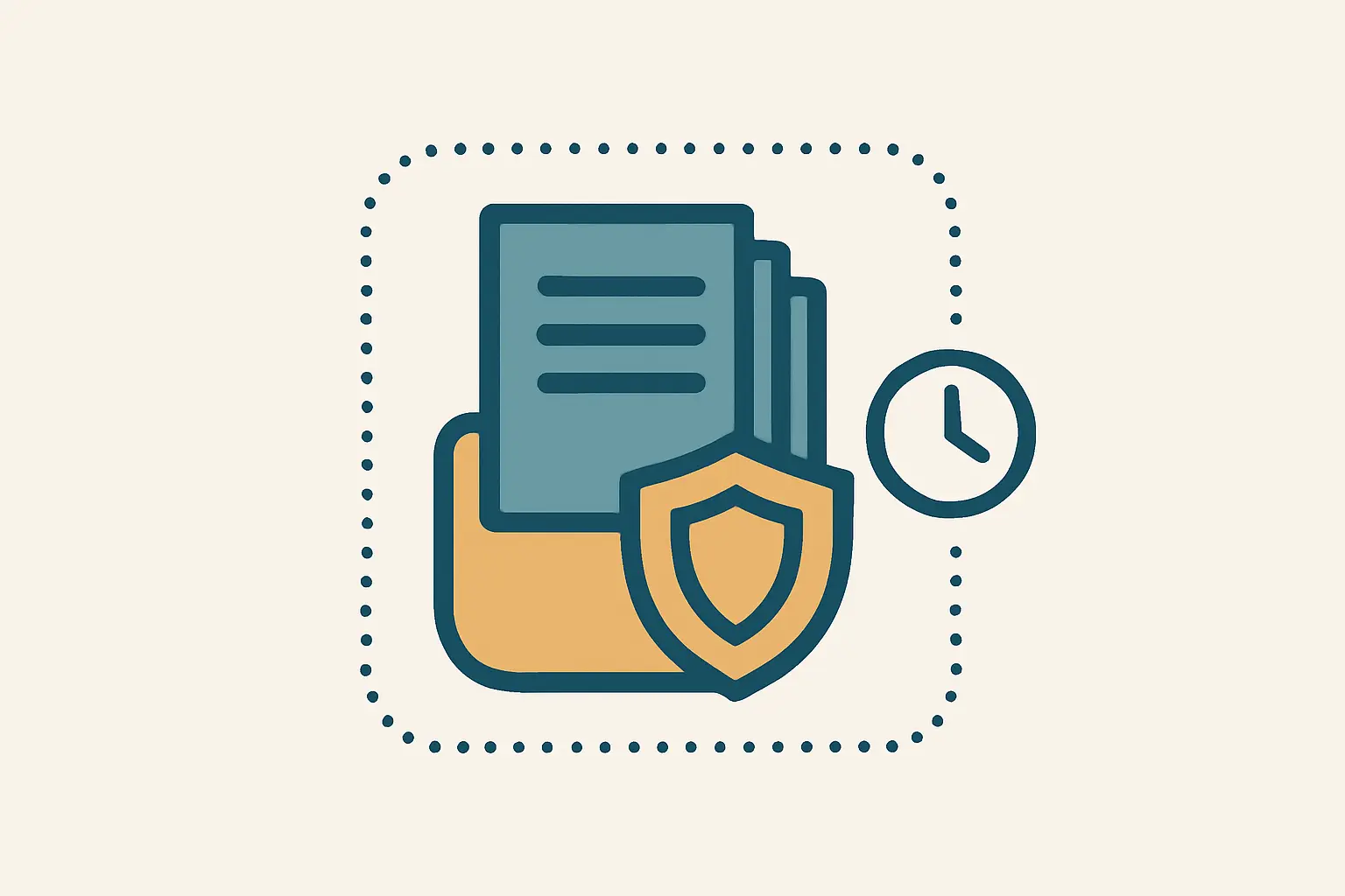 Documentos guardados dentro de un contenedor protegido por un escudo junto a un reloj que sugiere un plazo de conservación