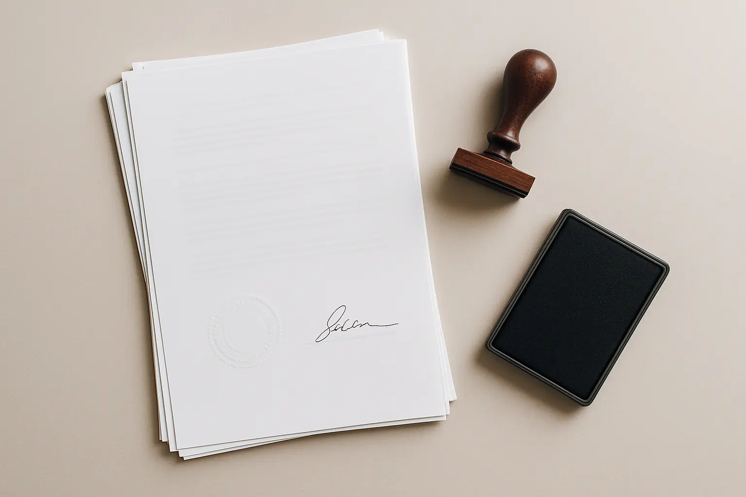 Documentos oficiales sellados y firmados sobre un escritorio al cerrar un trámite administrativo