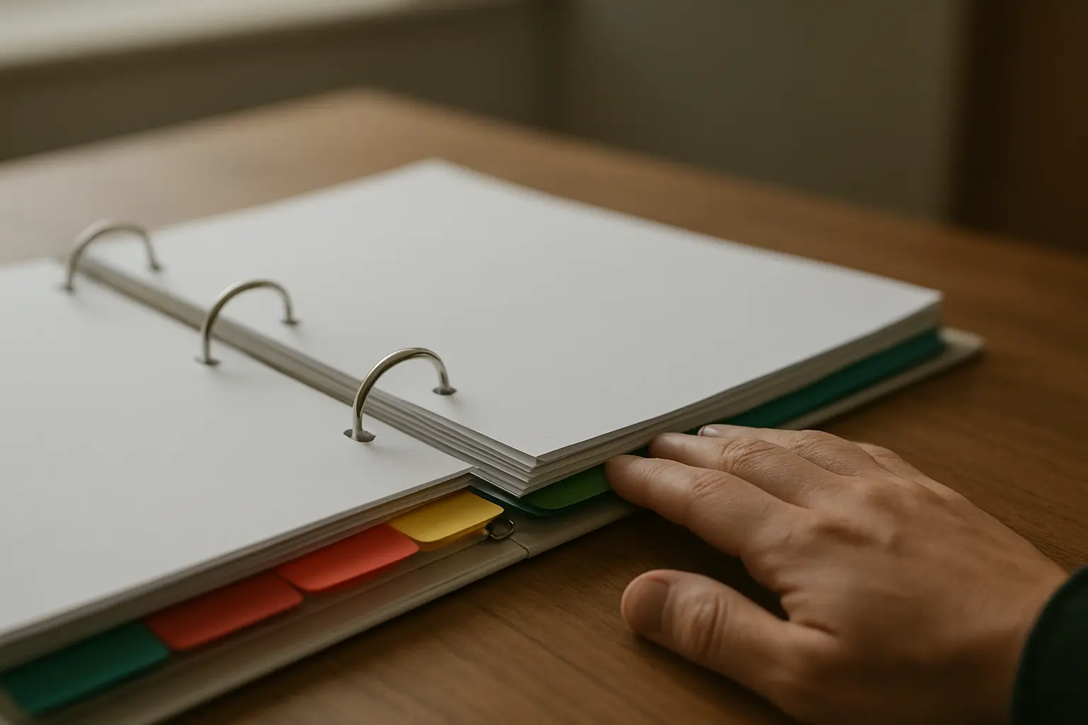 Carpeta de anillas abierta con separadores de colores y documentos agrupados por competencias
