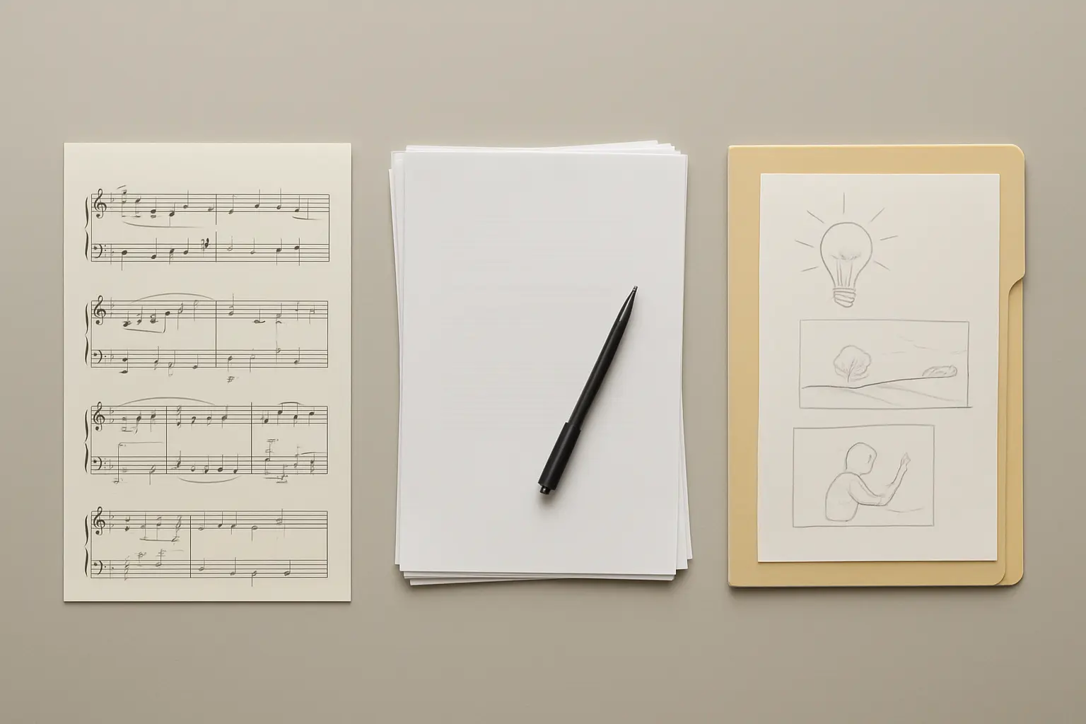 Mesa con una partitura anotada, un cuaderno de investigación y una carpeta de proyecto creativo