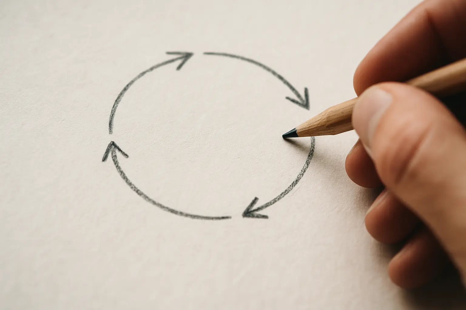Mano dibujando a lápiz un esquema circular por etapas que representa un ciclo de reflexión