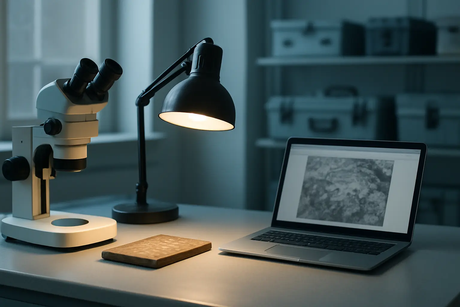 Examen técnico de una obra con luz rasante y lupa binocular en un laboratorio de conservación