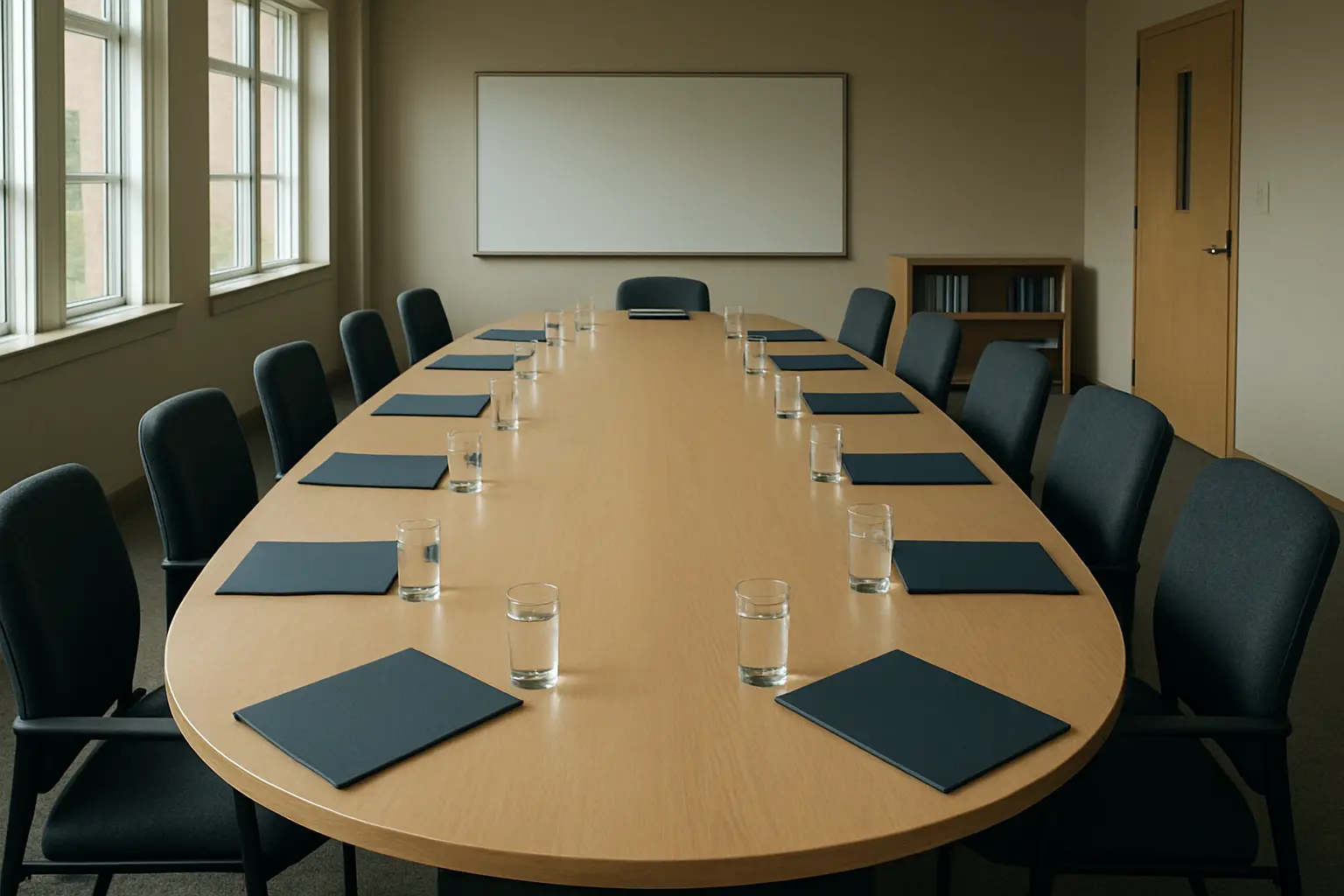 Sala de reuniones de un centro educativo preparada para una sesión del consejo escolar
