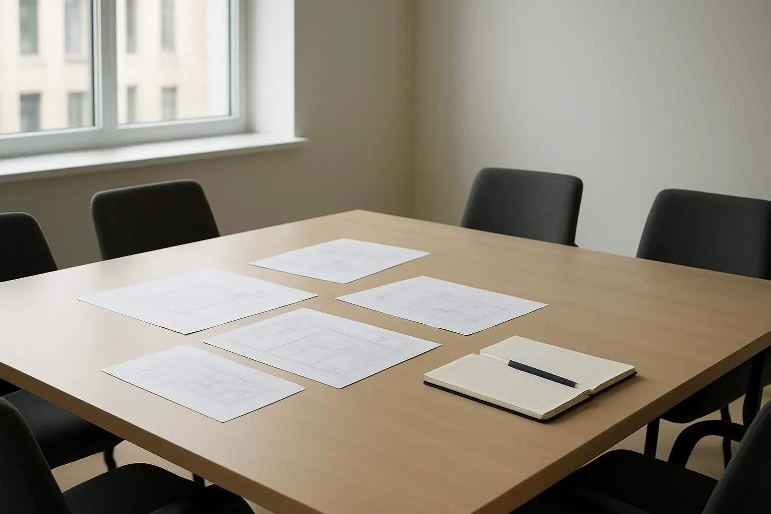 Mesa de reunión en un entorno profesional con documentos de proyecto y un cuaderno de trabajo