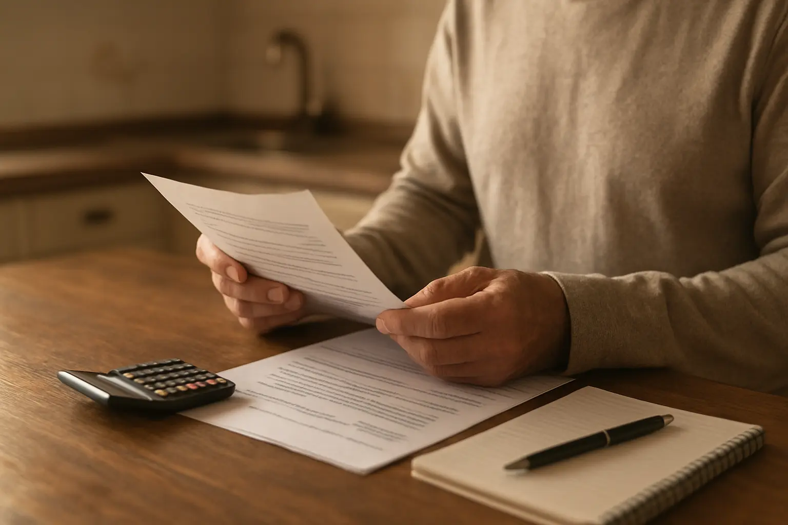 Persona revisando documentación oficial en casa con una calculadora y un cuaderno de notas