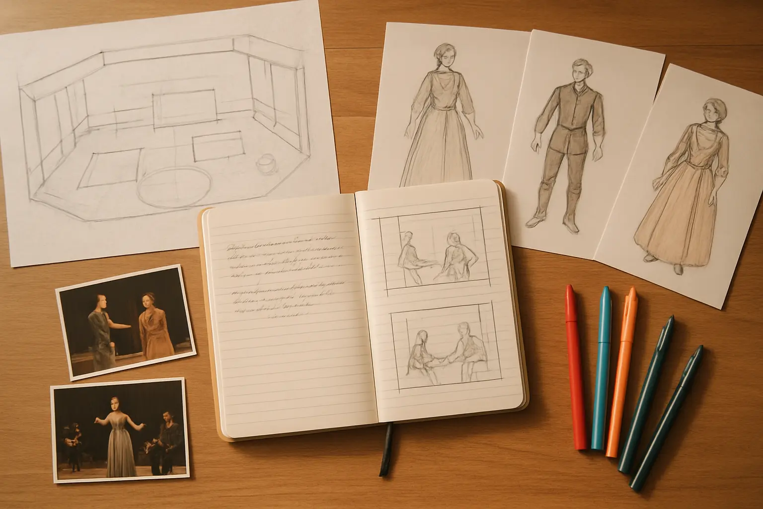 Cuaderno de dirección abierto con anotaciones, planta de escena y fotografías del proceso de ensayos