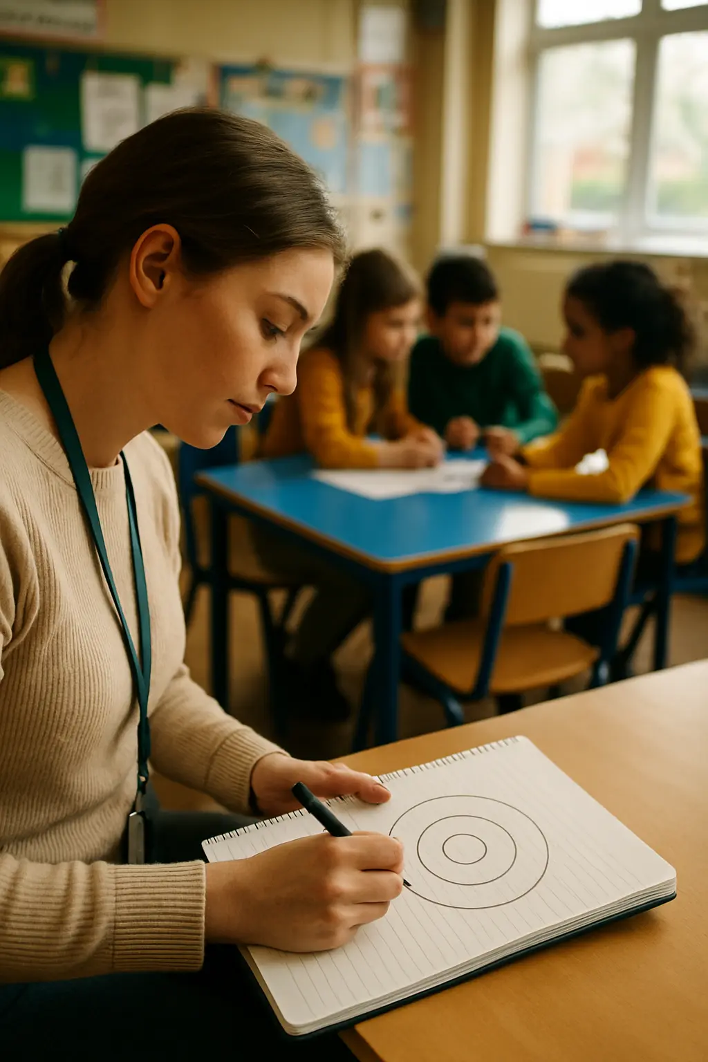 Estudiante tomando notas de campo en un aula para un TFG con enfoque ecológico