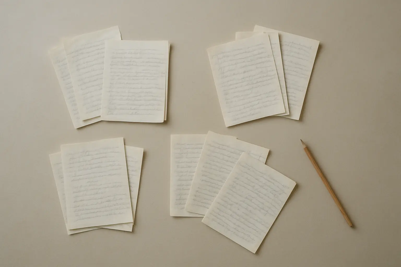 Notas manuscritas del Prácticum extendidas sobre una mesa y agrupadas por temas
