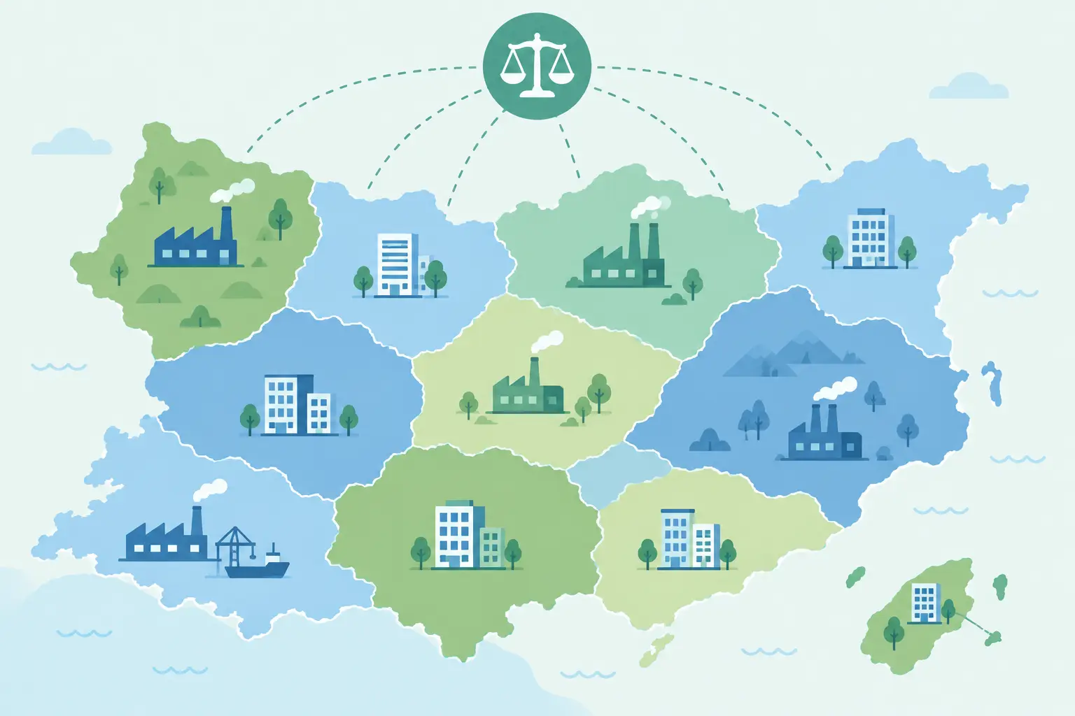 Ilustración de un mapa dividido en regiones con iconos de fábricas y oficinas, representando cómo la misma norma laboral se aplica de forma distinta según el sector o convenio