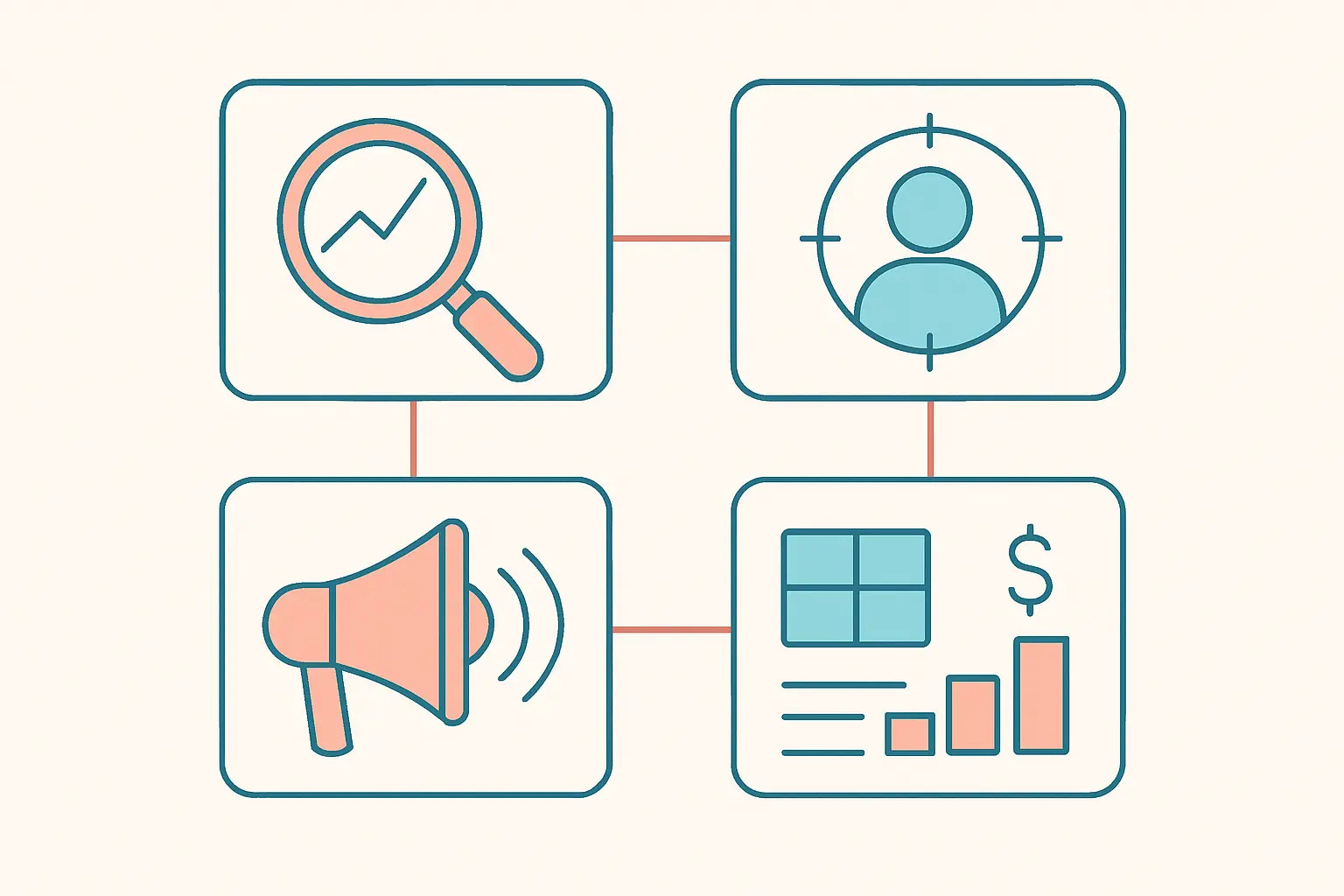 Ilustración de las secciones de un plan de campaña de marketing: diagnóstico, público objetivo, estrategia, medios y medición