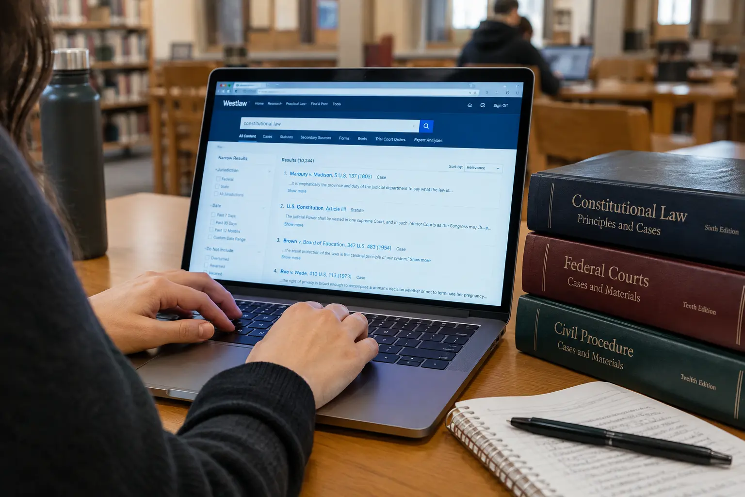 Un estudiante de Derecho Penal consultando una base de datos jurídica académica en su portátil
