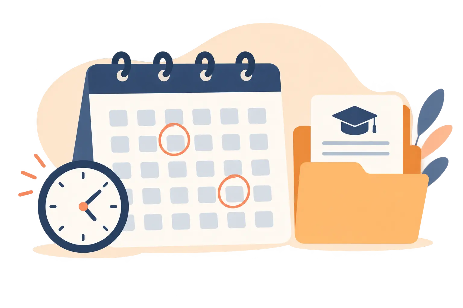 Ilustración de un calendario con fechas señaladas junto a una carpeta con un documento de tesis, representando los plazos de depósito de la tesis doctoral