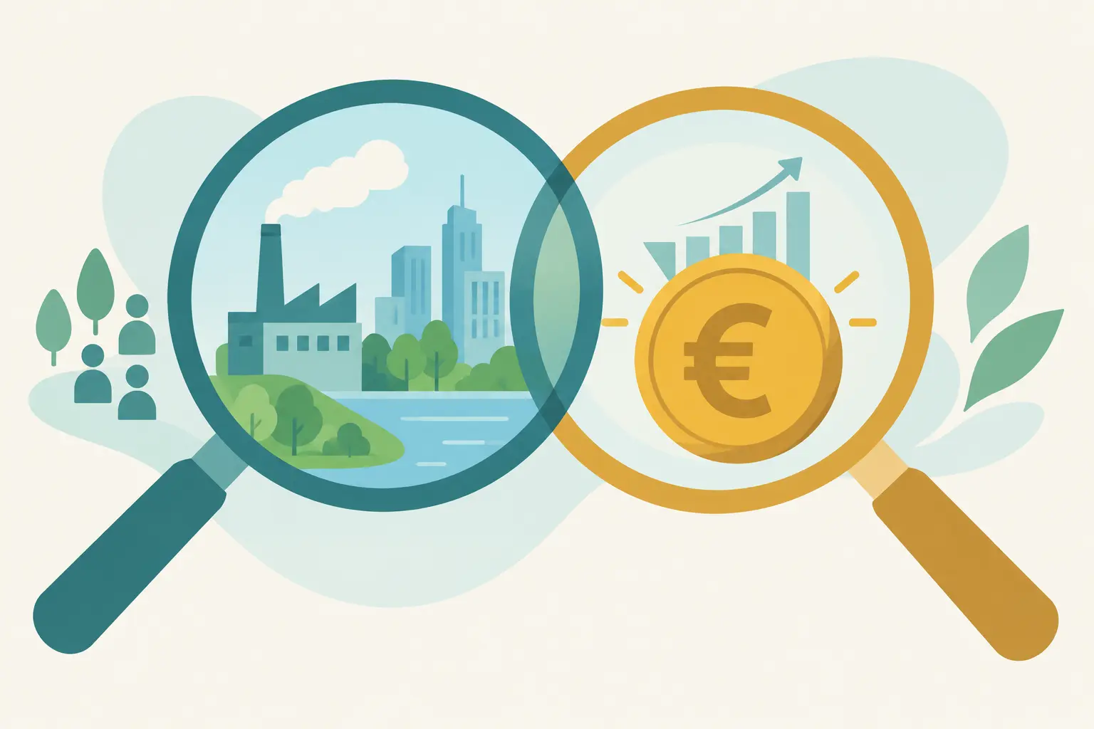 Ilustración de dos lupas superpuestas, una apuntando a una fábrica y otra a una moneda, representando la doble materialidad de la CSRD