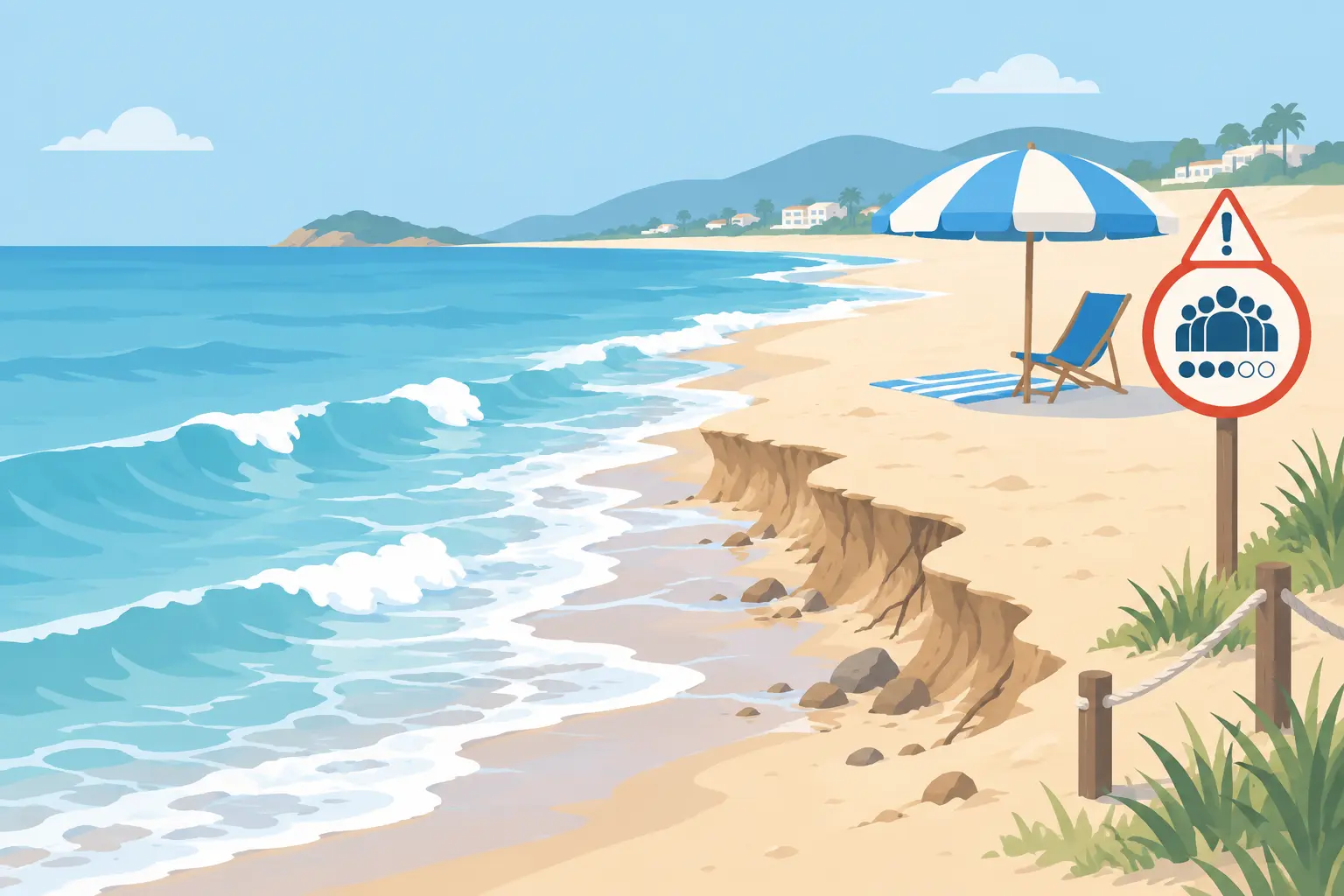 Ilustración de una playa con erosión leve y un icono de aviso de capacidad, representando la capacidad de carga y el riesgo ecológico de un destino turístico costero