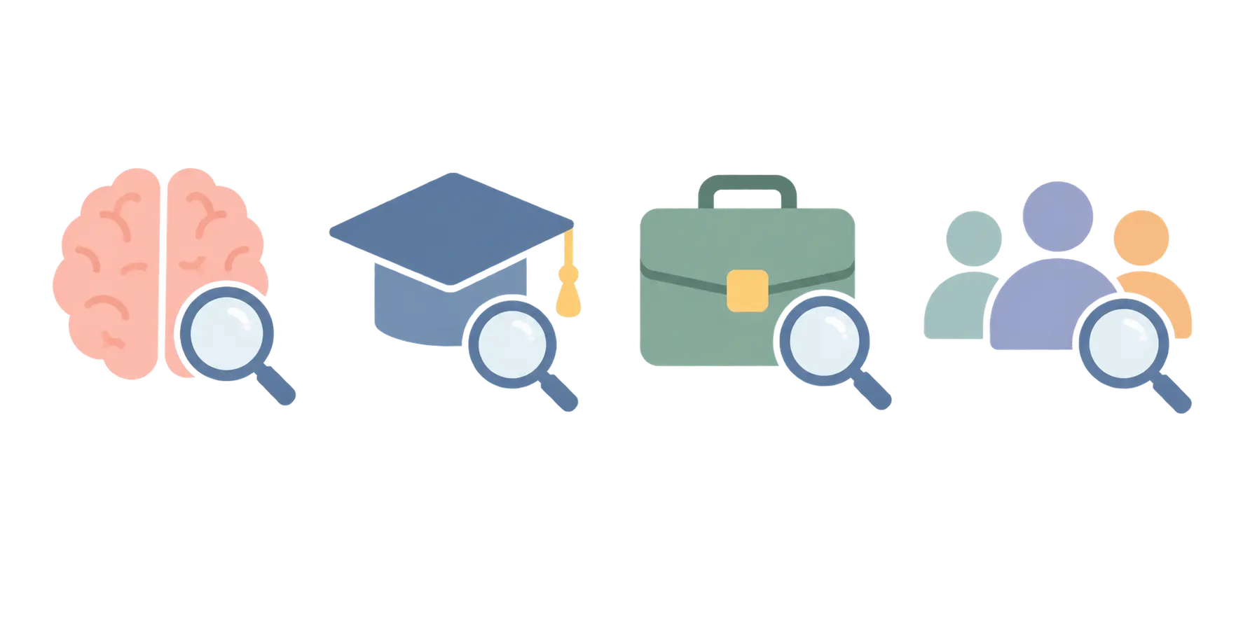 Ilustración de cuatro iconos (cerebro, birrete, maletín, grupo de personas) representando las áreas Clínica, Educativa, Organizacional y Social de la Psicología