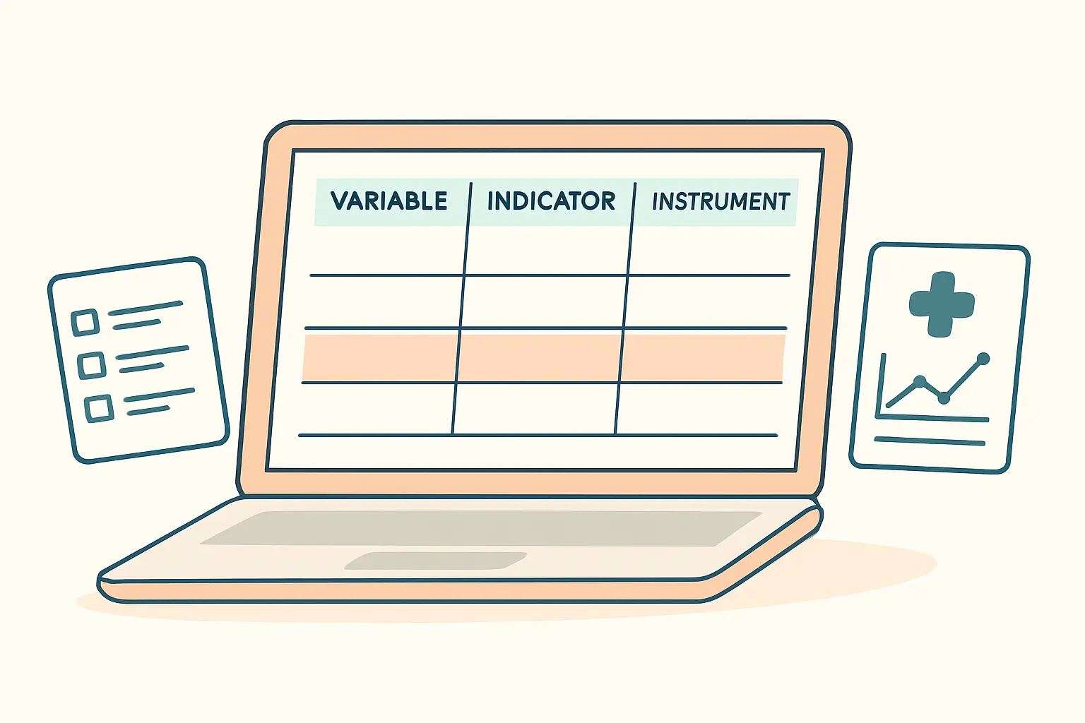 Tabla de operacionalización de variables completándose en un ordenador portátil
