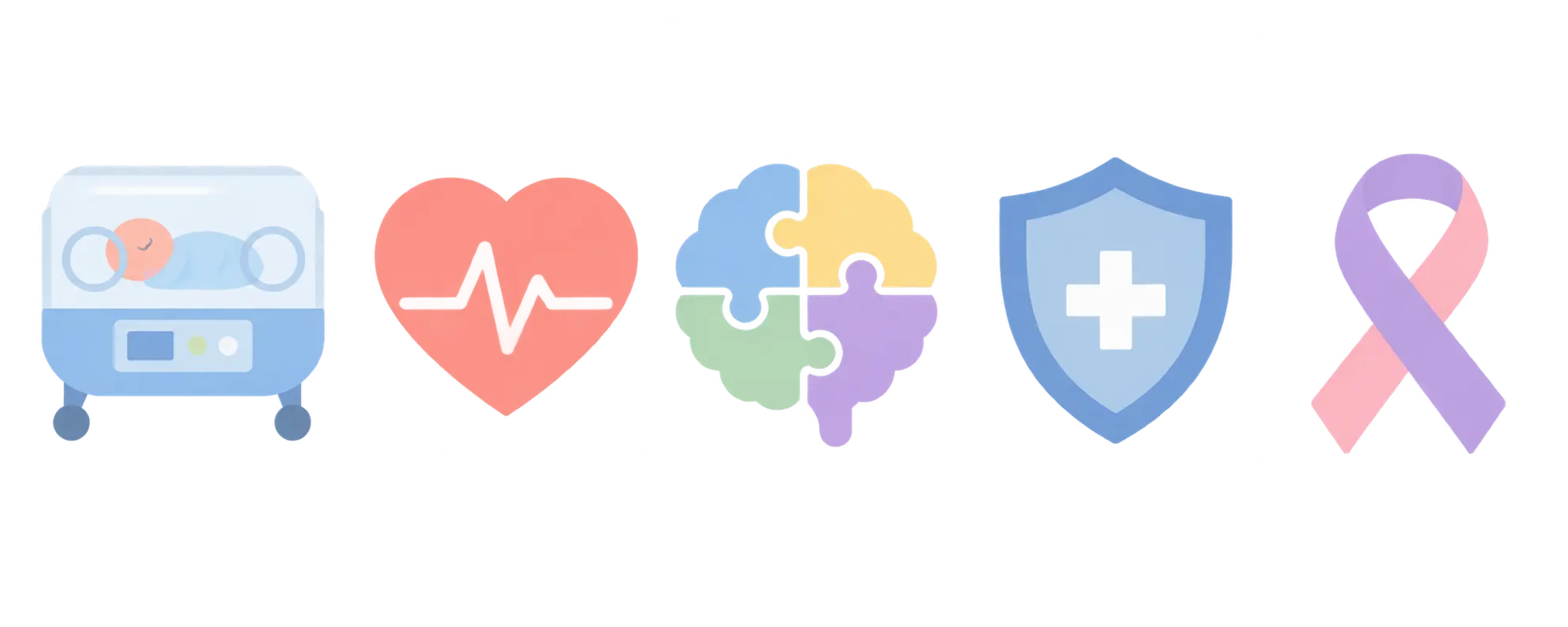 Ilustración de cinco iconos representando las áreas de neonatología, crónicos, salud mental, seguridad del paciente y oncología pediátrica