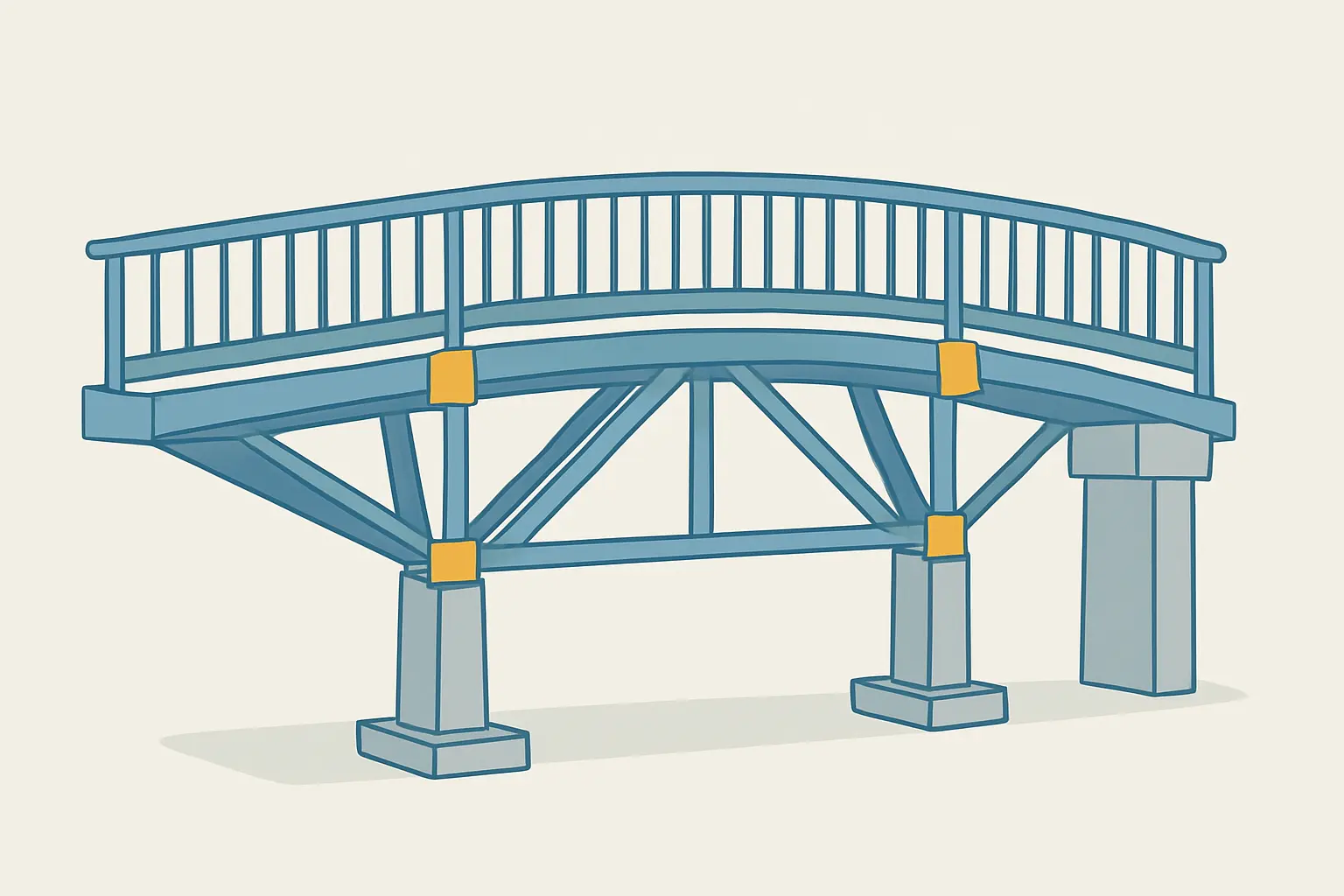 Ilustración de un puente peatonal con elementos de refuerzo estructural resaltados representando un ejemplo de marco teórico aplicado