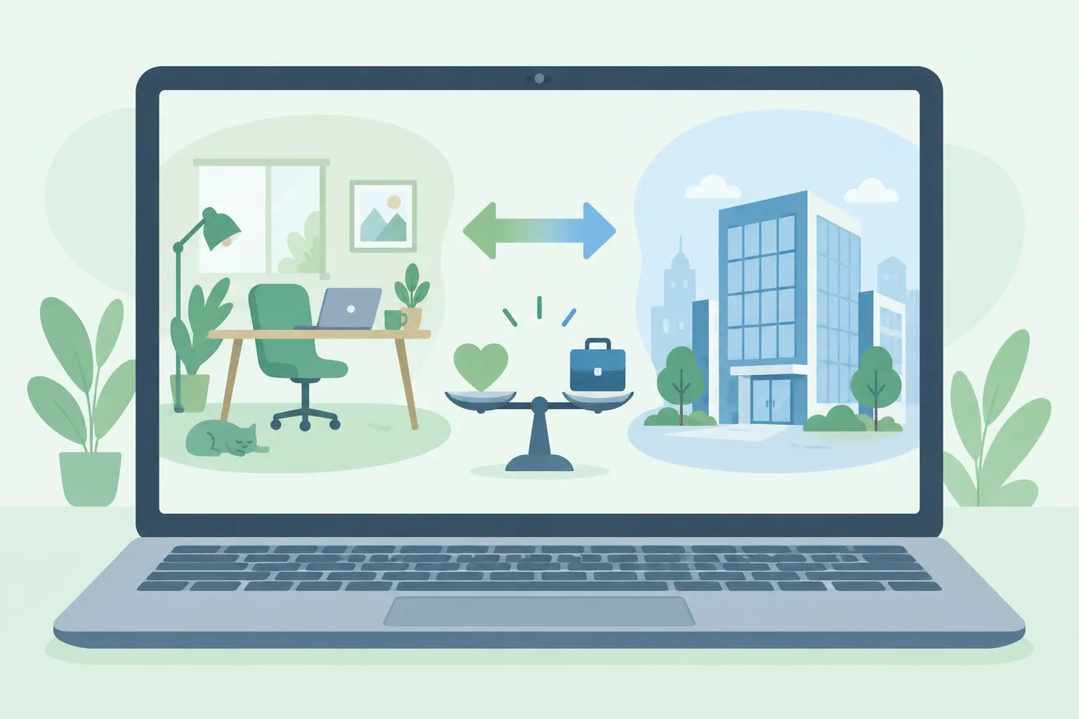 Ilustración de una oficina en casa y un edificio de oficinas conectados por una flecha, con una balanza representando la conciliación en el trabajo híbrido