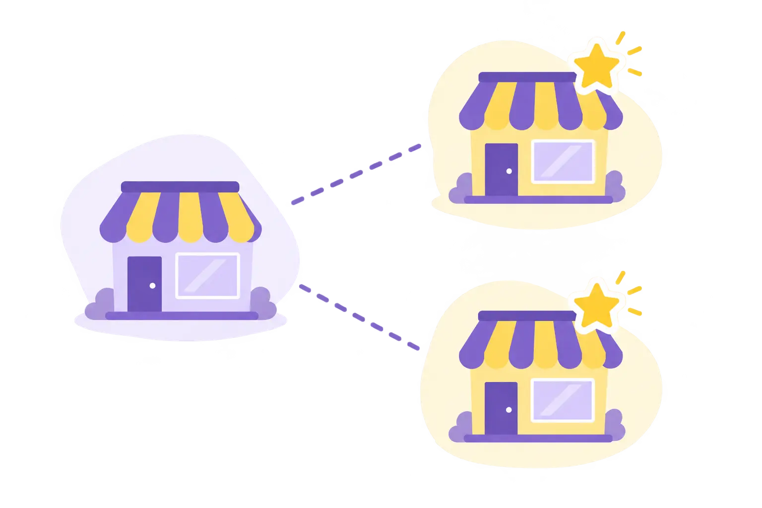 Ilustración de una tienda conectada por líneas discontinuas a dos tiendas de referencia marcadas con una estrella, representando las unidades de referencia en DEA