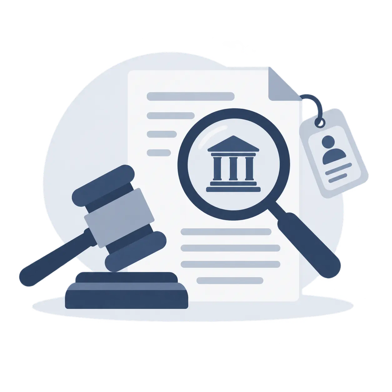 Ilustración de una lupa sobre un documento judicial con una etiqueta identificativa, representando la localización precisa de una sentencia