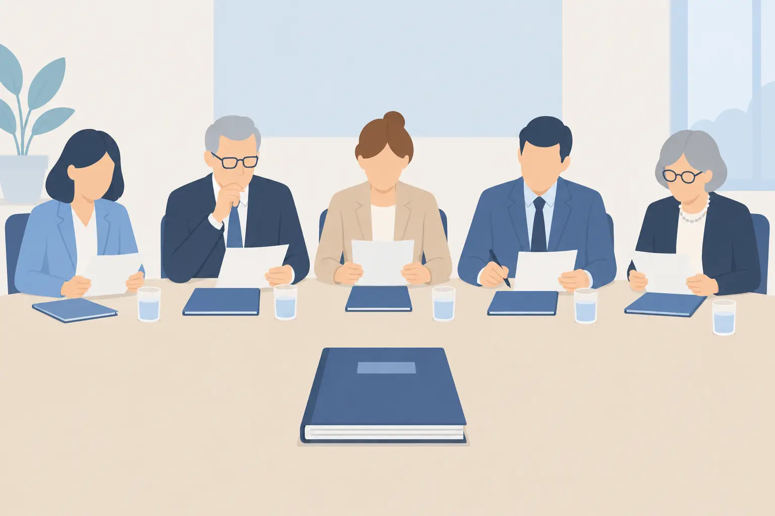 Ilustración de cinco figuras sentadas alrededor de una mesa evaluando un documento de tesis, representando el jurado o sínodo del examen de grado