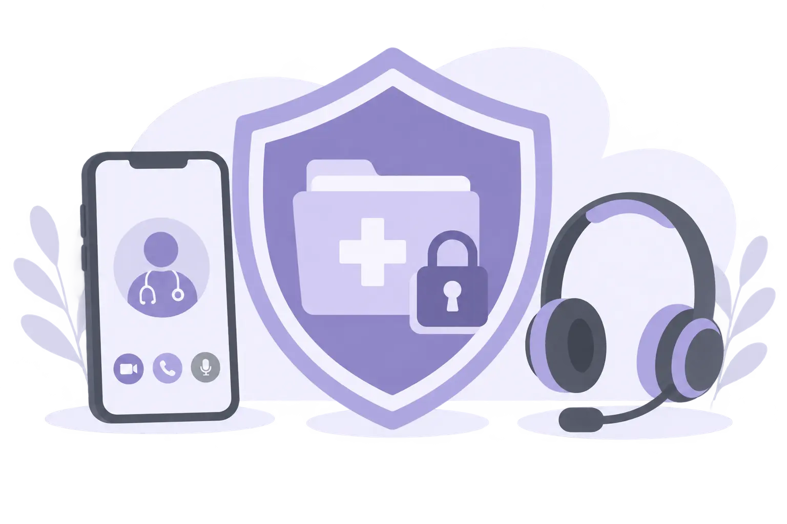 Ilustración de un escudo protegiendo una carpeta médica con candado junto a un teléfono, representando la protección de datos en la telefarmacia