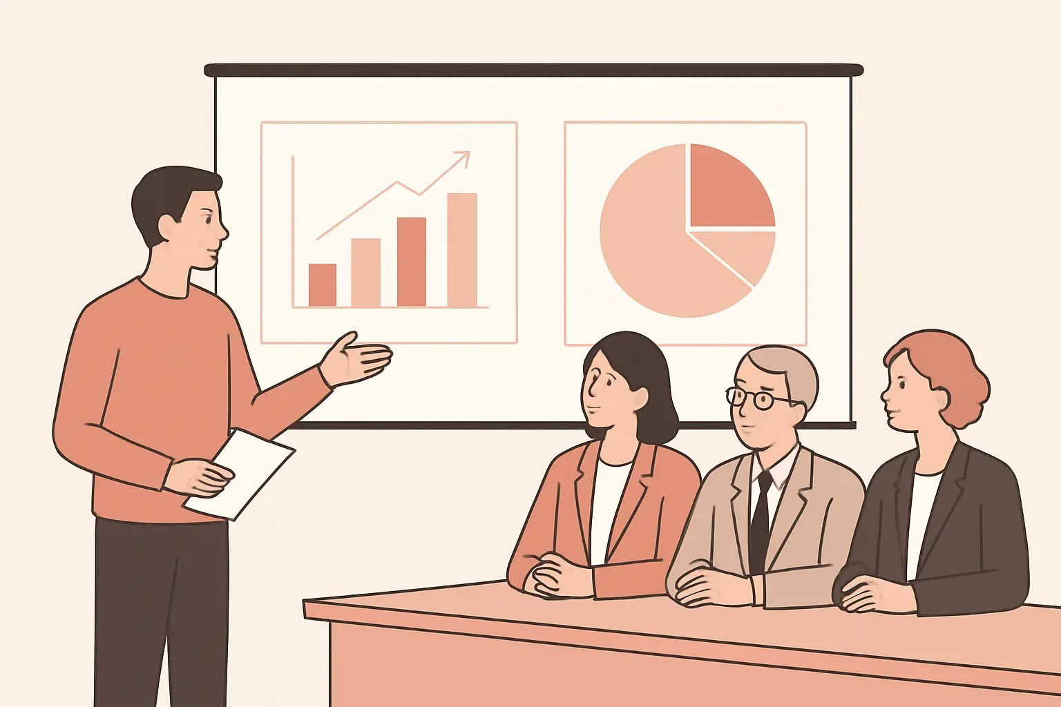 Ilustración de una presentación de un plan de campaña de marketing ante un tribunal académico con gráficos de medios y presupuesto