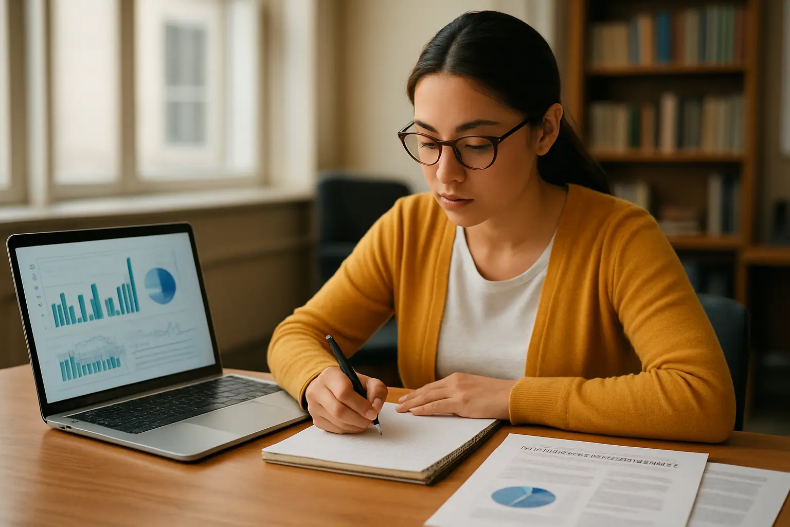 Investigador de posgrado en Educación revisando literatura académica y datos sobre tecnología educativa e inteligencia artificial
