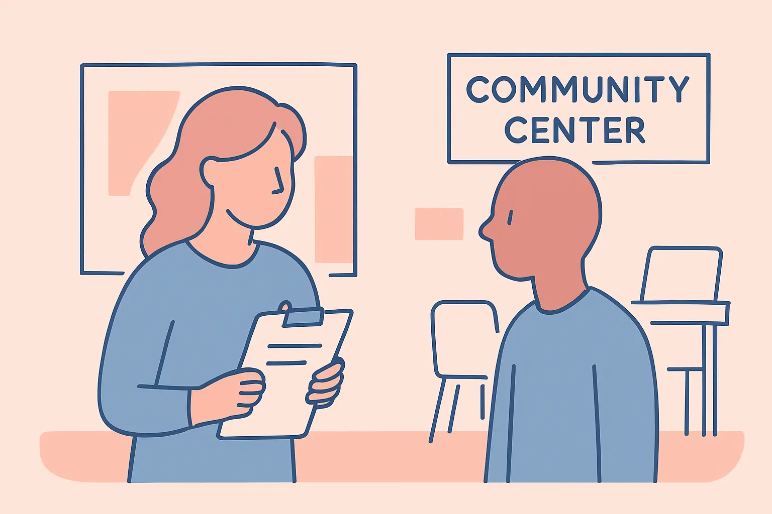 Ilustración de una entrevista de diagnóstico social entre un estudiante de Trabajo Social y un usuario de un centro