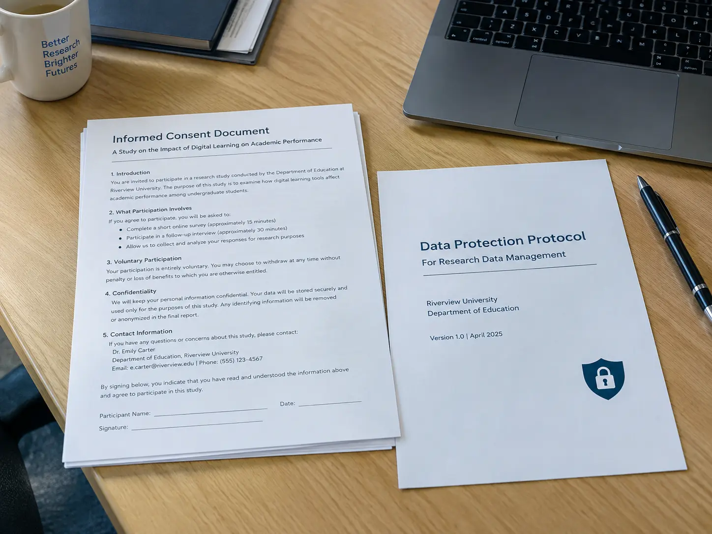 Documentos de consentimiento informado y protocolo de protección de datos sobre un escritorio