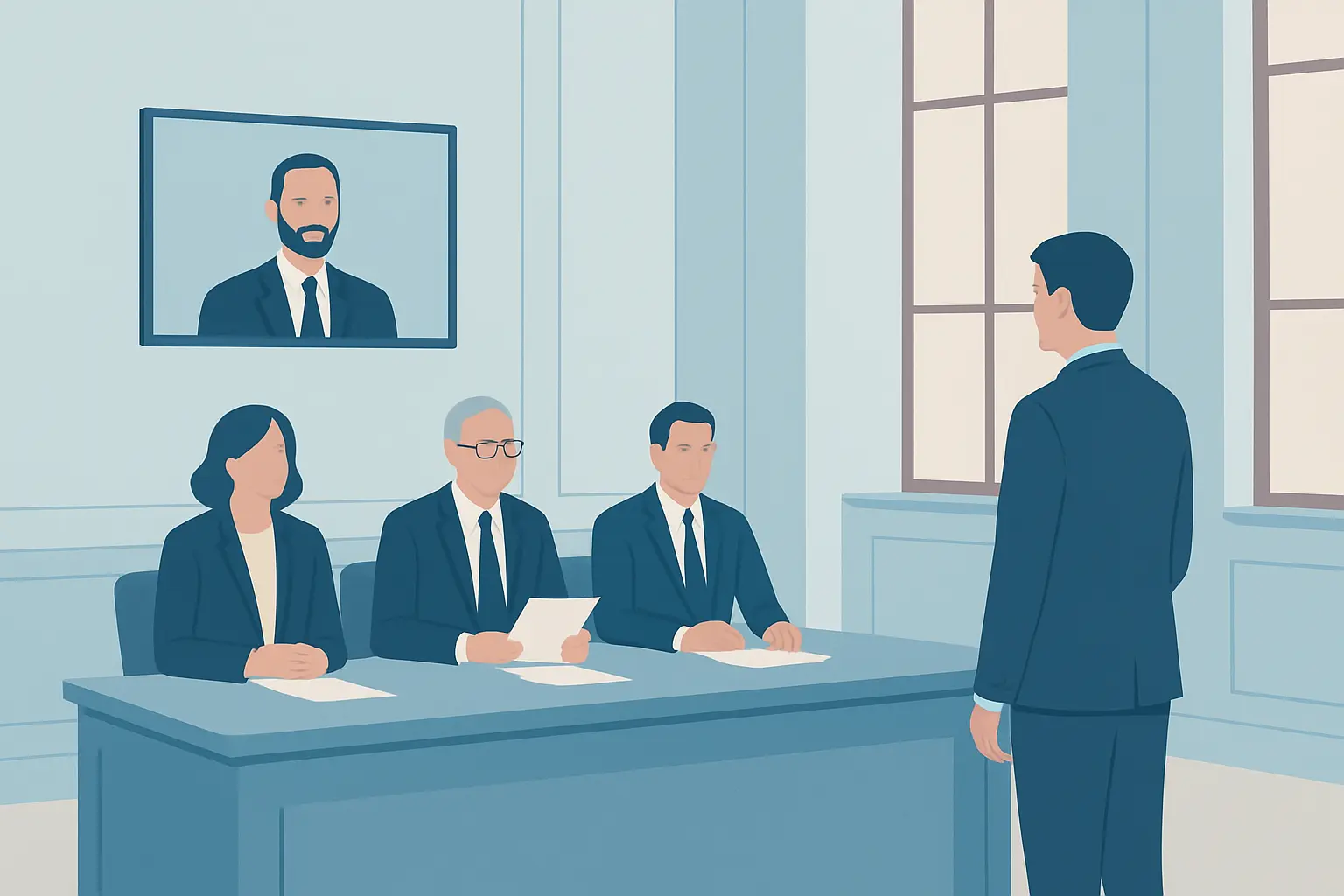 Ilustración de un tribunal académico en una sala de defensa de tesis doctoral con un miembro participando por videoconferencia